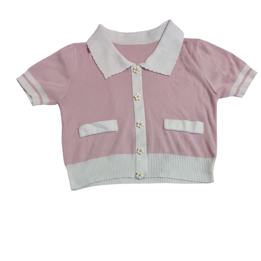 🌸Korean Elegant Pink and White Flower Daisy Button-Down Shirt Cardigan Women